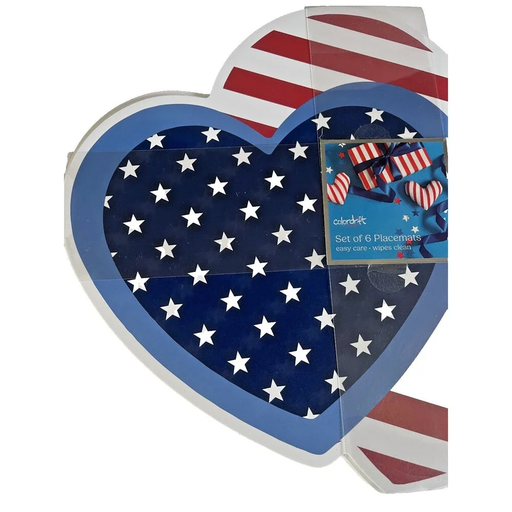 Heart Flag Placemats Red White Blue Set of 6 Vinyl Foam Back 15x20 July 4th